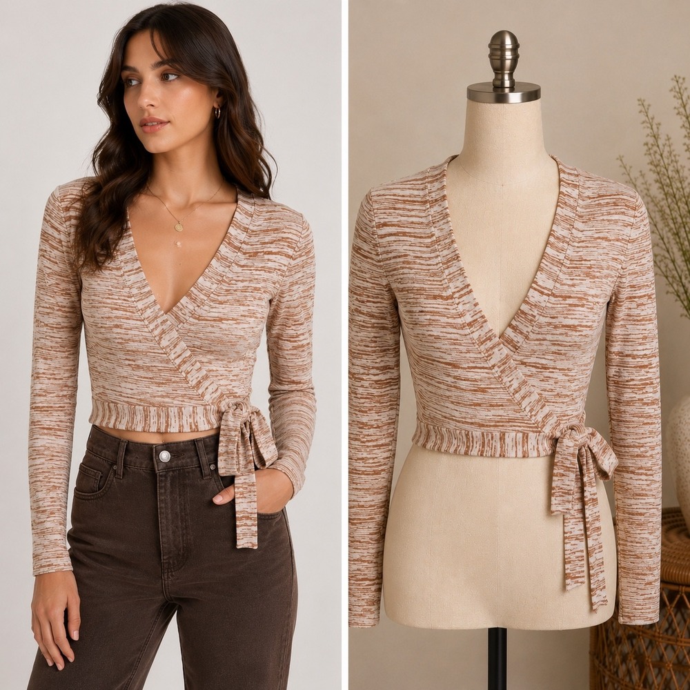 Intermix Wrap Top P Tan Brown Space Dye Long Sleeve Cropped V-Neck Knit Tie Side